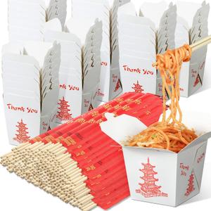 Sabary 50 Sets 8 oz Chinese Take out Boxes with Chopsticks, Pagoda Paper Food Containers with Sleeved and Separated Disposable Chopsticks for Asian Party Decorations Favor Birthday Wedding Restaurant