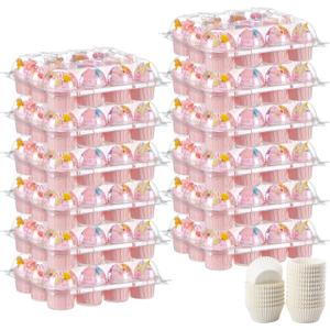 BORPEIN (12 Pack x 12 Sets) Cupcake Containers,Sturdy Strong Cupcake Boxes for 12 Cupcakes,Clear Disposable Cupcake Trays/Containers/Holders
