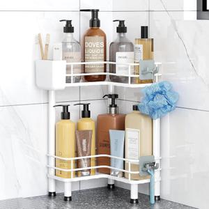 Orimade Rustproof 2 Tier Floor Standing Corner Shower Caddy Organizer with Toothbrush Holder, Large Spacing Floor Shower Shelf Rack Storage Stands with Hooks for Bathroom Kitchen, White