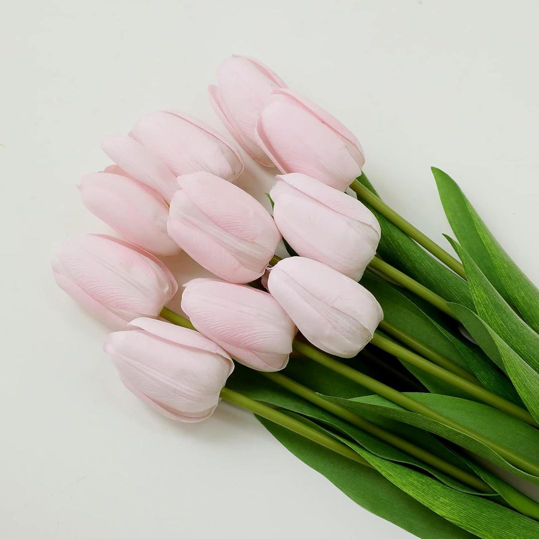 10Pcs Blush Artificial Tulips Silk Flowers, Long Stem and Green Leaves, Fake Flowers Decoration for Vase, Wedding, Party, Kitchen, Office, Home, Bedroom, Table Centerpiece Decor (Light Pink)