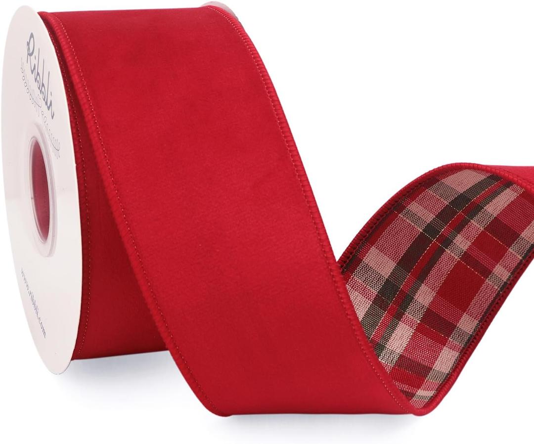 Ribbli Red Velvet Wired Ribbon with Plaid Reversible 2.5 Inch Christmas Ribbon for Gift Wrapping Christmas Tree Decoration Crafts Wreaths Supplies-Continuous 10 Yards