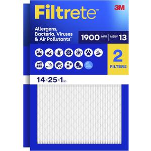 Filtrete 14x25x1 Air Filter, MERV 13 MPR 1900, Allergens, Bacteria, Viruses & Air Pollutants, 3-Month AC/Furnace Filters, Cleaner Air Reliable Airflow, 2 HVAC Filters(Act Size 13.62x24.62x0.78 in)