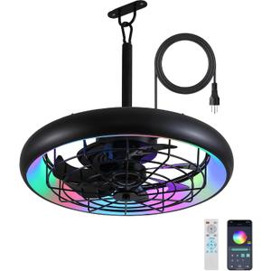 Netin 23" Outdoor Ceiling Fan with Lights, RGB & 3CCT Dimmable,6 Speed Hanging Gazebo Fan,IP65 Waterproof Plug-in Black Caged Ceiling Fan with Remote/App Control for Patio, Porch, Pergola (Matte Black)