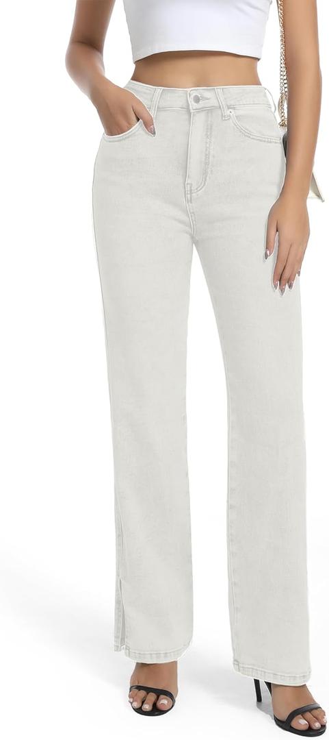 Womens Jeans High Waisted Stretchy Straight Leg Split Hem Jeans for Women Trendy Classic Denim, Size: 12