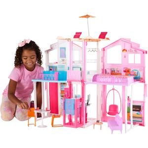 Barbie 3-Story Townhouse Dollhouse with Elevator, Swing Chair, Furniture and Accessories, Fold for Portability and Travel 