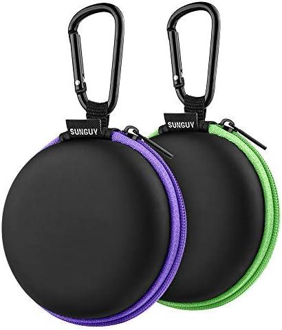 SUNGUY [2-Pack Earbuds Cases, Small Round Pocket Earbud Travel Carrying Case Pouch with Carabiners for Earbuds, Headsets, in-Ear Headphones, Hearing Aids, USB Cable and More (Green + Purple)