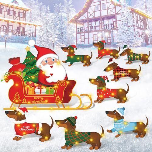 Soaoo 9 Pcs Christmas Dachshund Dog Santa Yard Sign Stakes with LED String Light Dachshund Dog Santa Claus Outdoor Lawn Decorations Large Outside Christmas Yard Decorations for Outdoor Holiday Decor