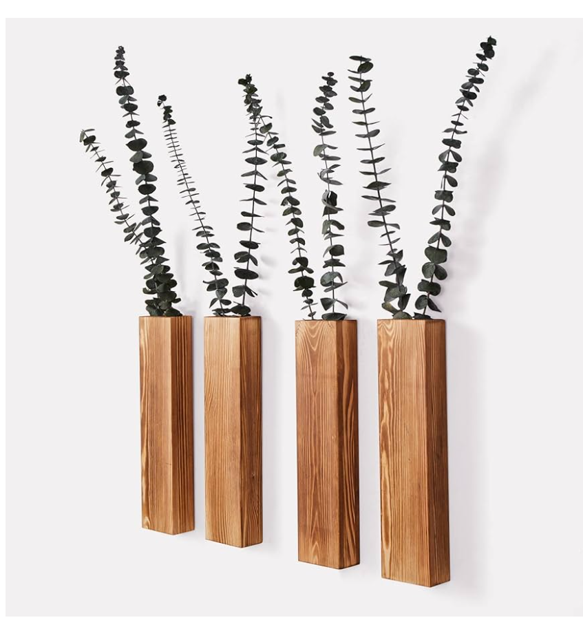 Cozyscope 4-Pack Wood Wall Planters for Fake Plants and Dried Flowers Stems, 12" Slim Modern Wooden Vases Wall Decor for Living Room, Bedroom, Bathroom, Apartment
