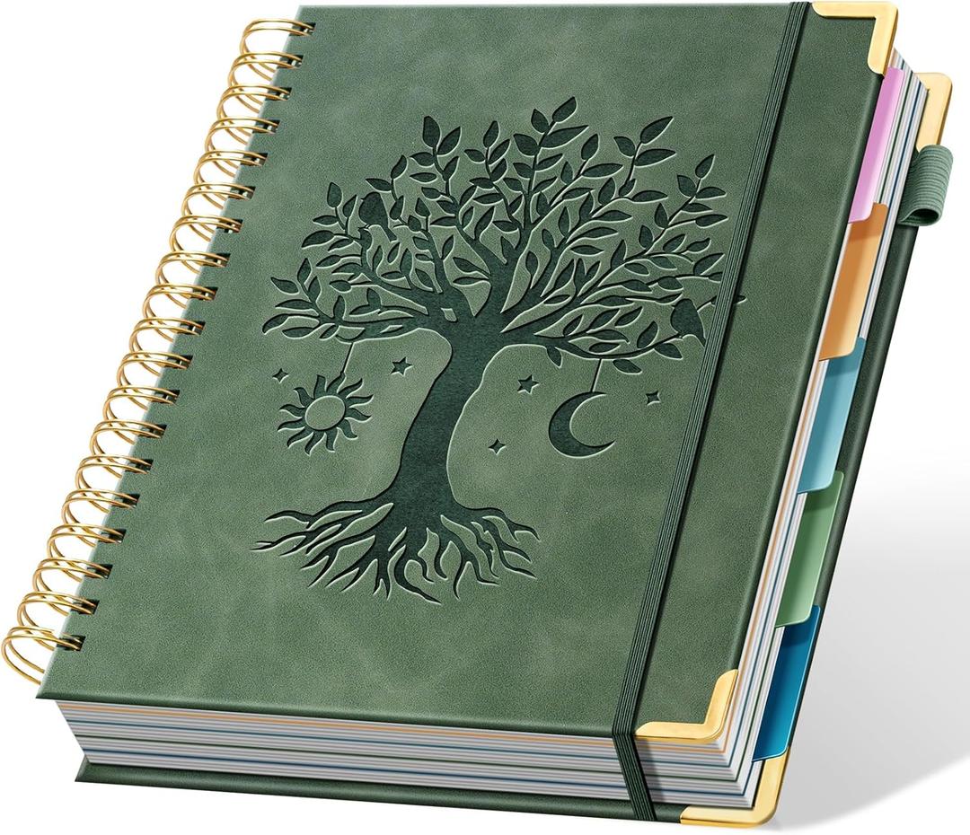 Ovesmusl Hardcover Spiral Notebook 8" x 10" with 5 Removable Dividers 300 Pages Leather 5 Subject Notebook College Ruled 100GSM Large Spiral Notebooks for Work Thick Lined Journal for Women, Green