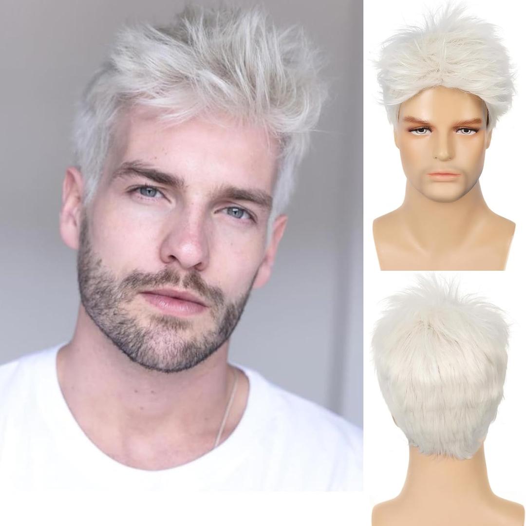 Baruisi Men's Cream White Short Layered Synthetic Full Wig with Wig Cap