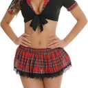 Lidogirl Women Tie-Front Crop Top And Lace Trim Plaid Skirt Set With Stockings  (Large, Black)