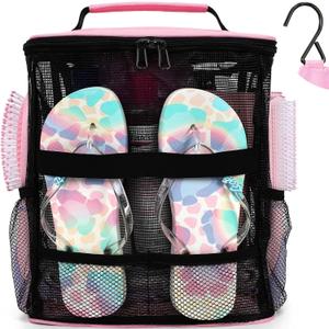 NOBLIGOAL Mesh Shower Caddy Portable,for College Dorm Room Toiletry Bathroom Essentials Gym Camp Quick Dry Handles with Hook, Pink