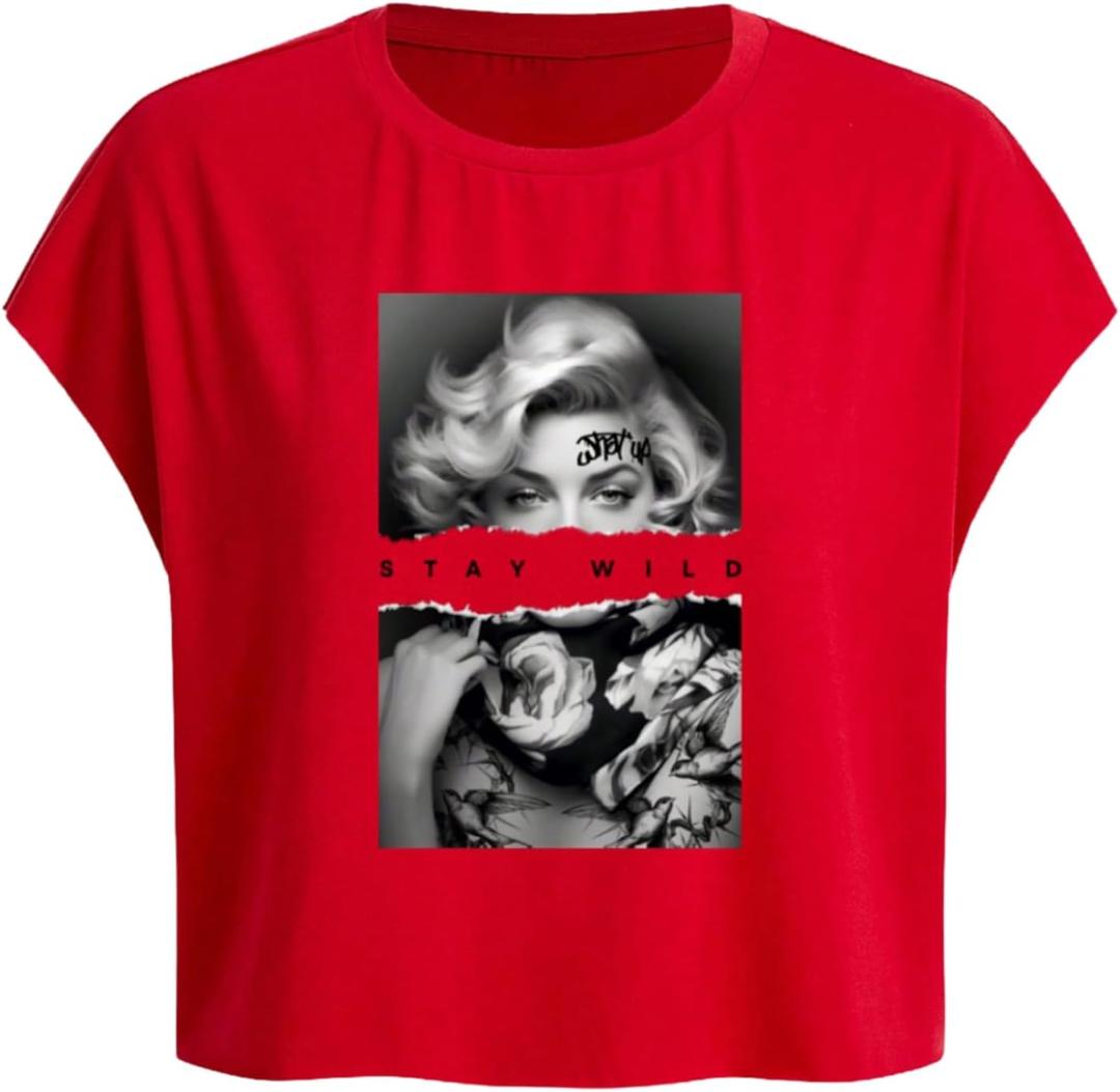 WDIRARA Women's Graphic Print Cap Sleeve Crop Top Crewneck Short Sleeve Tee Y2k T Shirt, Size S (Red)