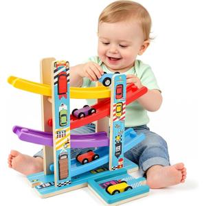Montessori Toys for Toddlers, Children Race Track Toy with 4 Cars and 1 Wooden Parking Lot, Stable Base, Car Ramp Toy for 1 2 3 Year Old Boy Girl Gifts