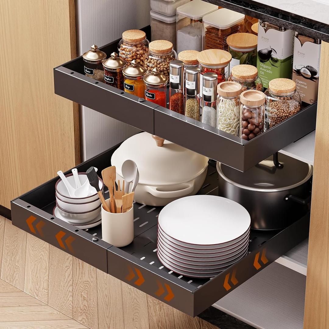 OneDream 2 Pack Pull Out Cabinet Organizer, 21" Deep Slide Out Drawers for Kitchen Cabinets, No Drill Adhesive Pull Out Drawers for Cabinets, Back Roll Out Shelves Adjustable Width 12.05"-20.4"