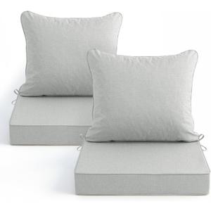 Summsun Patio Cushions for Outdoor Furniture, Faux Linen Water Resistant Backrest and Seat Cushion Set with Non-Slip Bottom, Straps, Removable Cover, 19 x 19 Inch, Light Grey, Set of 2, 2P/19*19+19*17 Inch