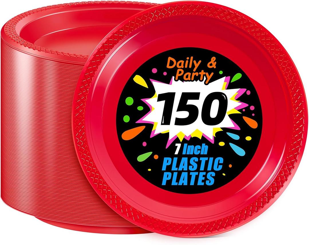 WELLIFE 7 Inch Red Dessert Plates 150 Count, Red Plastic Disposable Party Plates for Dessert Cake Appetizers Salad Easter Mother's Day, 7Inch150 Guests