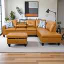 Lyngins Couches for Living Room PU Leather L Shaped Couch Comfy 3 Pieces Sectional Sofa with Chaise, Ottoman with Storage for Office and Small Apartment, Ginger
