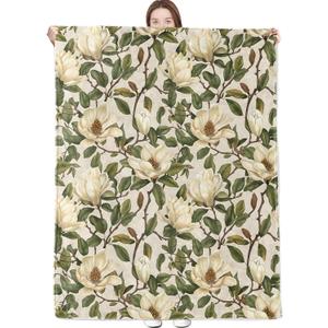 Magnolia Floral Blanket Vintage Botanical Style Throw Blankets with Flower and Leaf Lightweight Flannel Throws for Camping Couch Chair Office Bed Home Decor Gifts for Adults,80x60inch