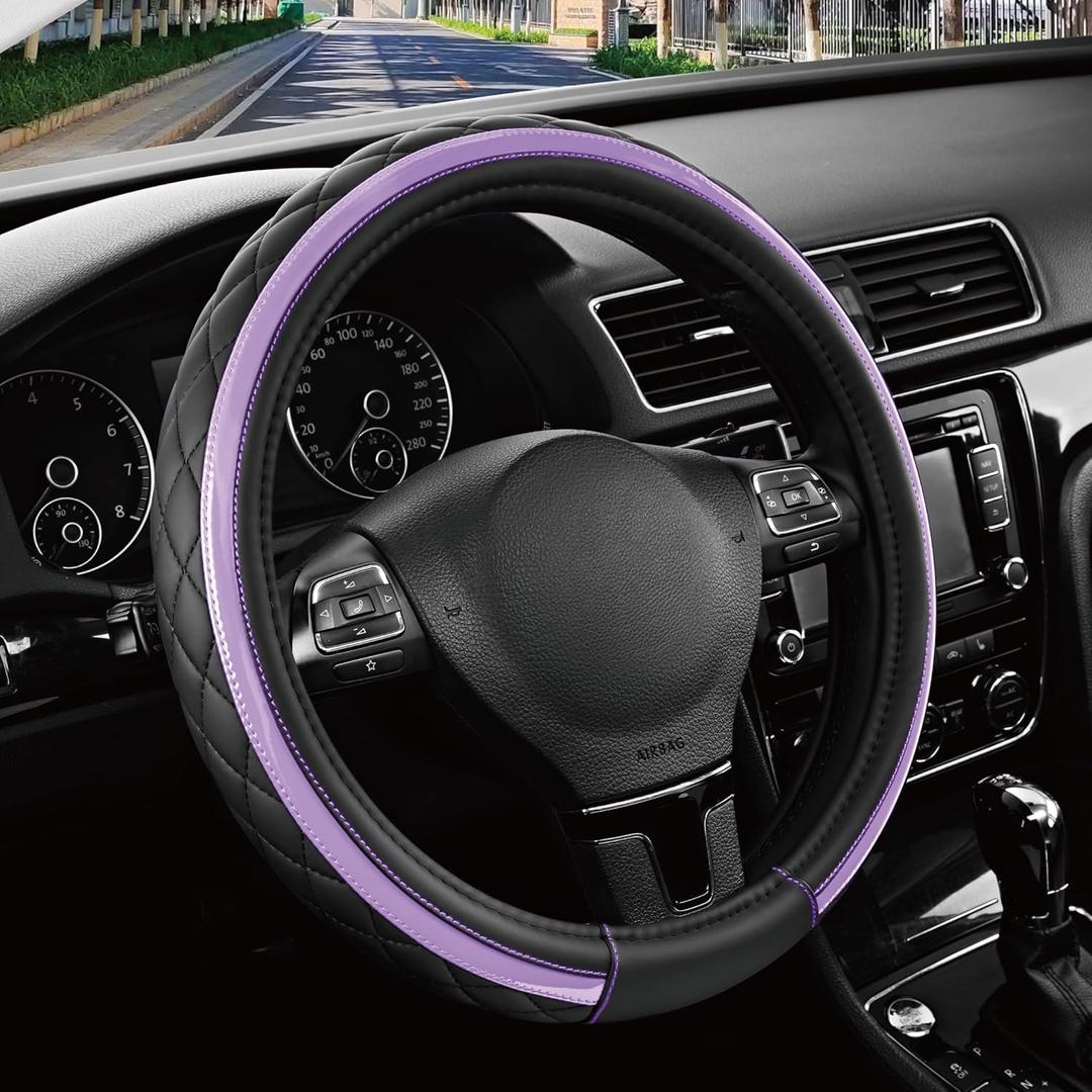 Road Comforts Leather Steering Wheel Cover  Black & Purple, Universal Fit 14.5-15 Inch, Microfiber Leather, Anti-Slip & Breathable Design for Men and Women