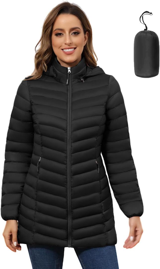 ROYAL MATRIX Women's Packable Puffer Jacket - Lightweight Winter Warm Long Quilted Puffer Coat with Detachable Hood (Medium, Jet Black)