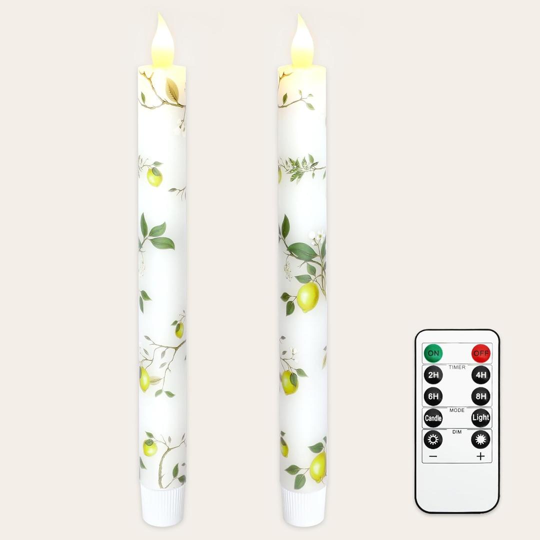 Lemon Decor Flameless Taper Candles with Remote Battery Operated LED Candlesticks Real Wax 9.6Inch 3D Wick Flicker Flame Pillar Window Candle for Wedding Home Party Dinner Table Fireplace Christmas