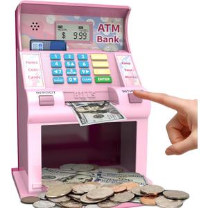 ATM Piggy Bank for Kids ATM Bank Cash Coin Saving for Real Money with Debit Card Coin Recognition, Balance Calculator, Electronic Savings Safe Box Gift for Ages 6-13 Piggy Bank (Pink)
