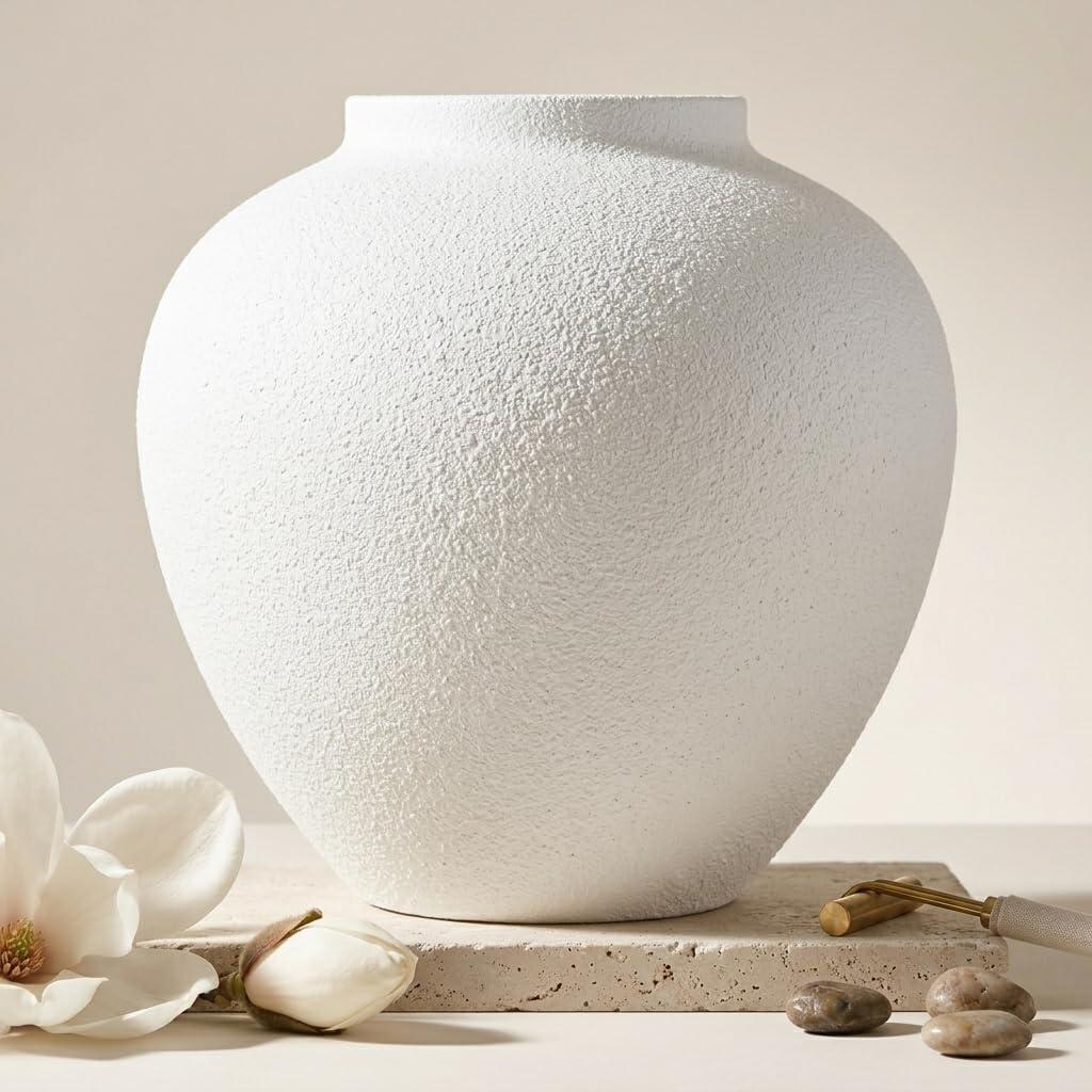Flower Vase for Home Decor, 11.4" Large Decorative Metal Vase for Pampas Grass, Modern Rustic Textured Iron Vase Centerpiece for Modern Farmhouse Table Living Room Entryway, Textured White