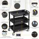 ELAFROS Multi-Use Utility Cart - 32.4x18.3 Heavy-Duty Service Cart with 3 Deep Shelves, Industrial-Grade Tool Cart Mobile Organizer, Rolling cart Holds up to 500 lbs, Black