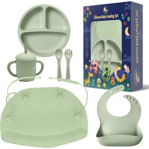 SilliSupply Silicone Baby Feeding Set with Utensil Holders & Catch Compartment - Innovative Weaning Kit with Bib, Spoon, and Suction Mat