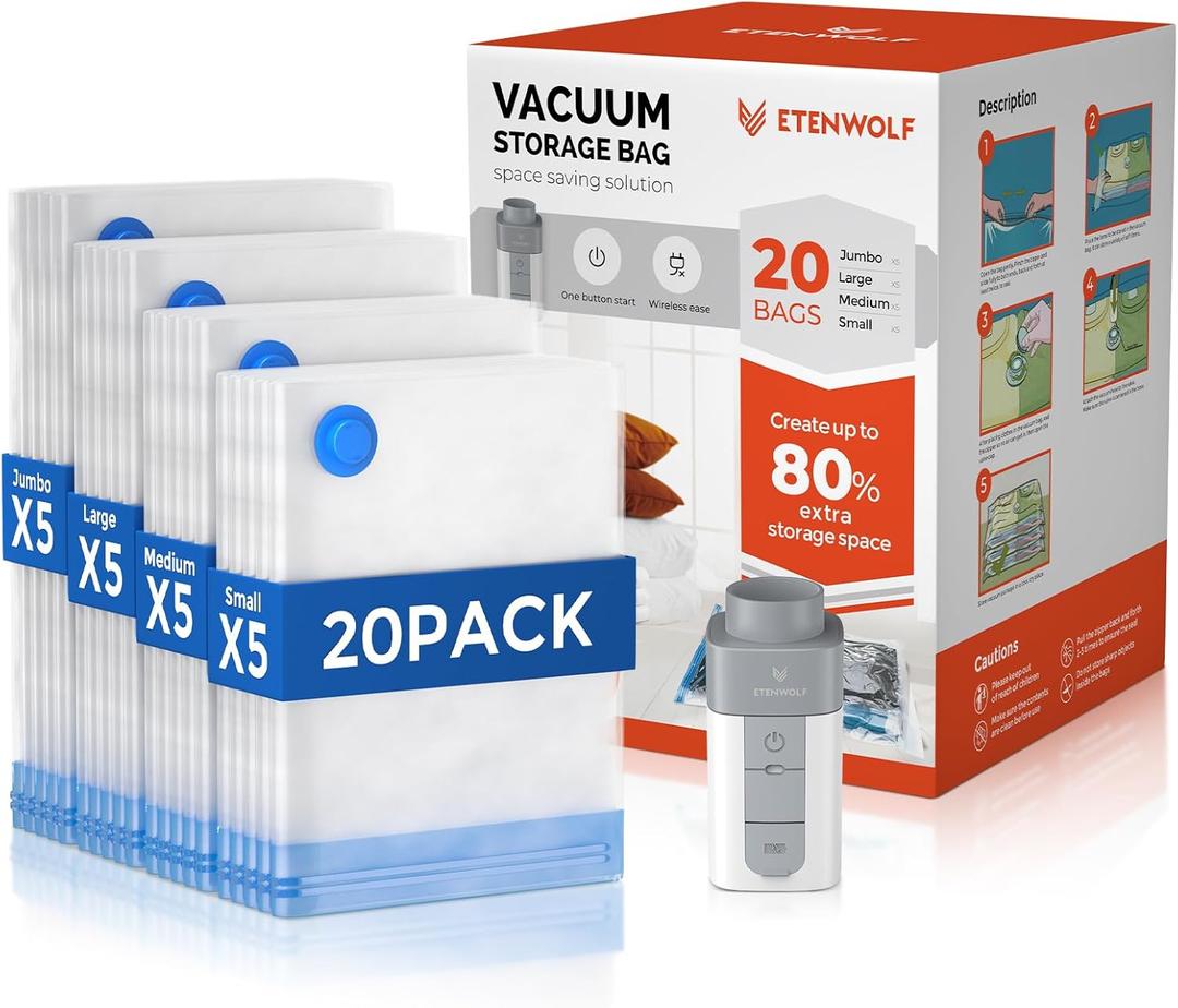 ETENWOLF 20 Pack Vacuum Storage Bags with Rechargeable Wireless Pump, Vacuum Seal Bags for Clothes and Travel, Space Saver Bags in Multiple Carry-On Sizes, Perfect for Luggage and Suitcases