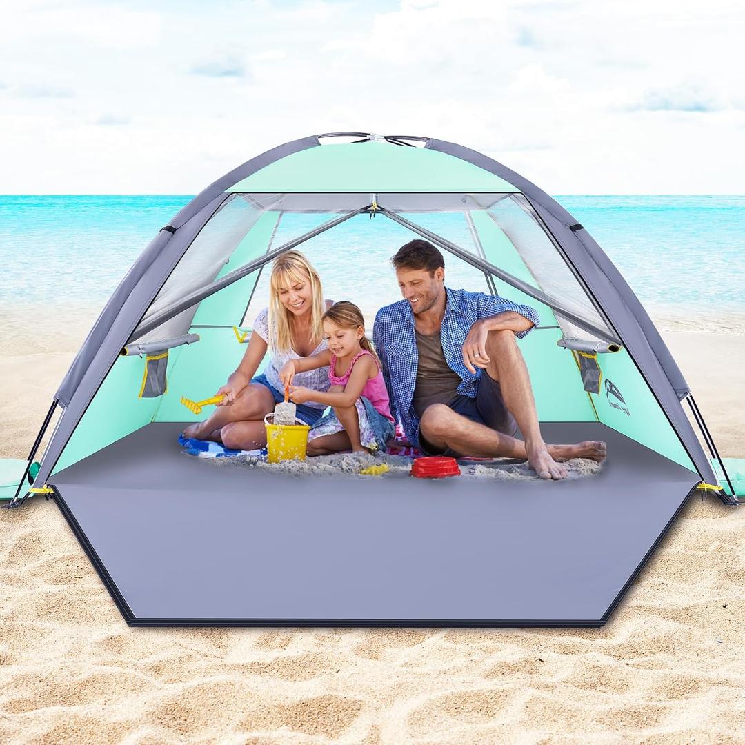 Happy Travel Beach Tent, UPF 50+ UV Protection Sun Shade Shelter for 3/4/5/6/7/8 Person, Portable Beach Canopy for Family & Baby, Lightweight & Easy Setup Beach Cabana with 3 Ventilation Mesh Windows, Color: Light Aqua