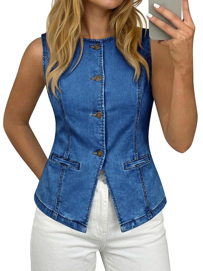 Tankaneo Womens Button Down Denim Vest Trendy Fitted Sleeveless Jean Tank Tops Crew Neck Waistcoat
, Size S