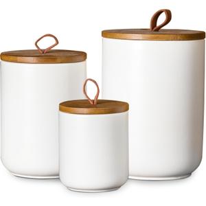 JOJUNO White Ceramic Canister Set with Wooden Lid, 3-Piece Airtight Food Storage Jars for Kitchen Counter - Flour, Sugar, Coffee, Tea, Spice - Small, Medium, Large Sizes (12/30/48 oz/White)
