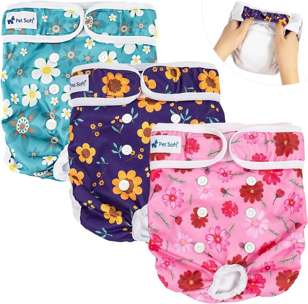 Pet Soft Washable Female Diapers (3 Pack) Female Dog Diapers, Comfort Reusable Doggy Diaper for Girl Dog in Period Heat 4''-19'' (Cute Flower, Medium) 