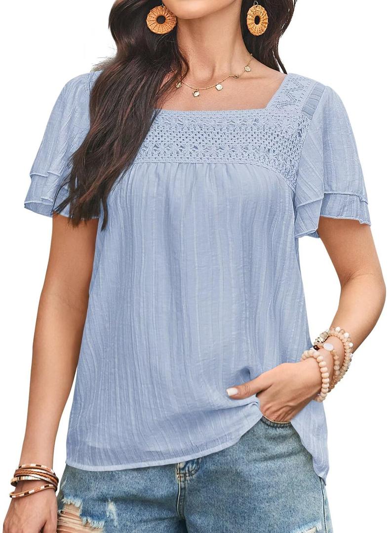 Falechay Plus Size Tops for Women Casual Summer Ruffle Short Sleeve Eyelet Chiffon Babydoll Lace Floral Crochet Blouse Bohemian Square Neck Blue XXL