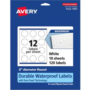 Avery Printable Durable White Round Labels, Sure Feed Technology, 2" Diameter, Print-to-The-Edge, Waterproof Labels, Laser & Pigment-Based Inkjet Compatible, 120 Total