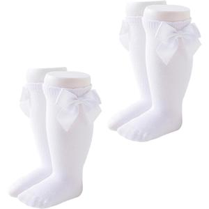 Marchare Baby Girls Knee High Socks Baby Girls Bow Stockings Cotton Uniform Stockings Dress Socks (White)