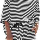 Fisoew Womens Striped 2 Piece Outfits Sweatsuits 3/4 Sleeve Oversized Tops High Waisted Shorts Casual Lounge Sets (Black)