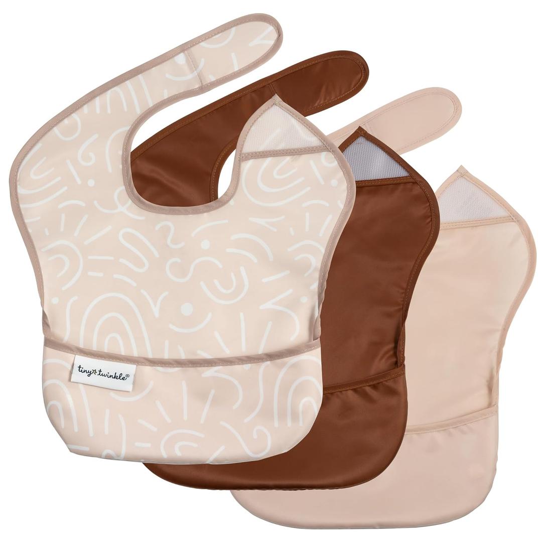 Tiny Twinkle Mess Proof Baby Bibs for Eating  Waterproof, Wipeable Toddler Bibs with Pocket  Baby Food Bibs for Girls & Boys(3 Pack,Zen Garden)