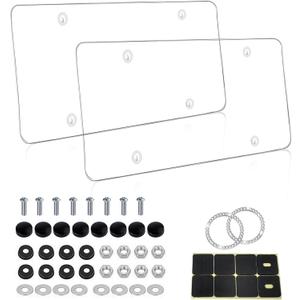 2 Pack License Plate Covers - Clear License Plate Protector, Unbreakable Transparency Plastic Car Tag Cover for Universal Vehicles, Front Rear Fit with Screws & Caps (with Start Stop Button) (Style 1, White)