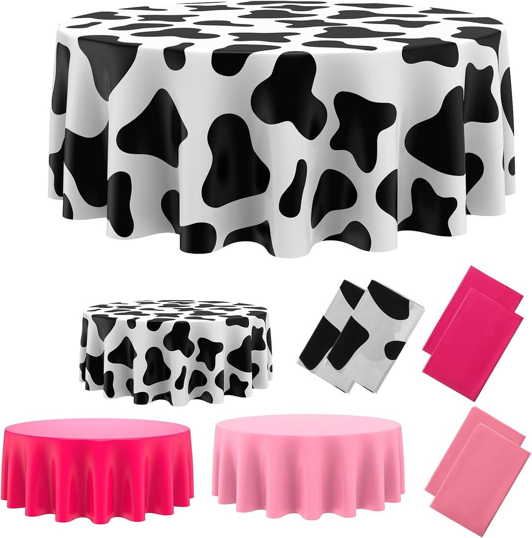Oudain Cow Tablecloth Round Print Table Cloths Plastic, Vivid Color, approx. 84 inches