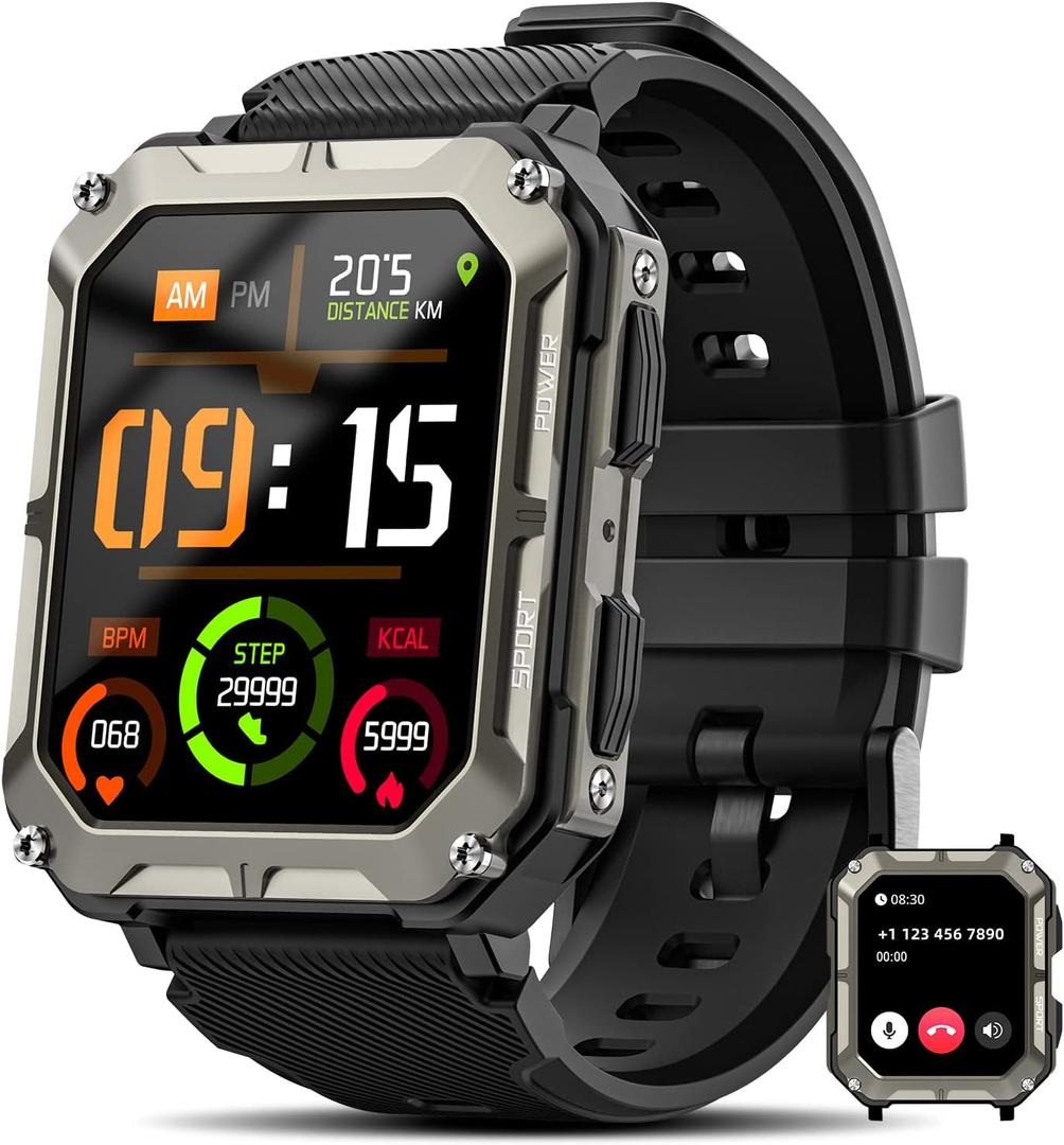 Military Smart Watches for Men(Answer/Make Call), 1.9" Outdoor Sports Fitness Tracker with Heart Rate/Blood Pressure/Sleep Monitor,100M Waterproof Rugged Smart Watch for Android Phones&iPhone(2 Bands)