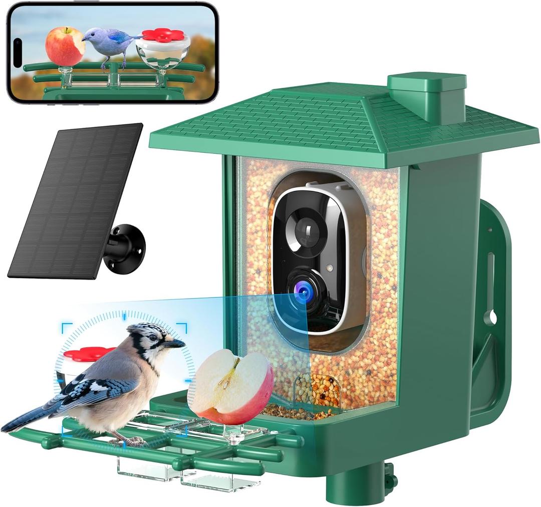 Bird Feeder with Camera Outdoor Solar: Smart Birdfeeder with AI Recognition - 2K HD Live Stream Video Camera for Outside Wild Birds Garden Decor - Bird Lover Gifts, Green