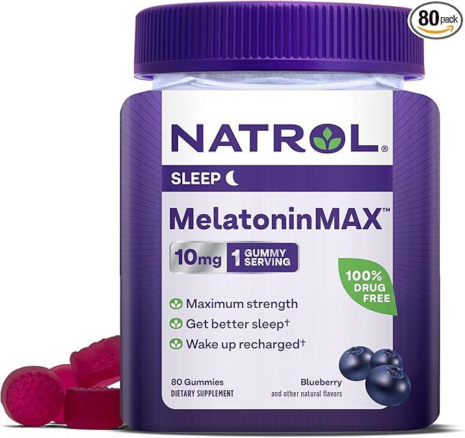 Natrol MelatoninMax, Sleep Gummies for Adults, Blueberry Flavor, 10 mg, 80 Count, Up to an 80 Day Supply (Pack of 12) Best Before 12/2025