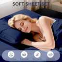 Tokokimo Queen Sheet Set 4 Piece, Super Soft Washed Cotton-Linen Feel Microfiber, 16" Deep Pocket Fitted Sheet, 1 Flat Sheet, 2 Pillowcases, Breathable Bed Sheets, Navy Blue