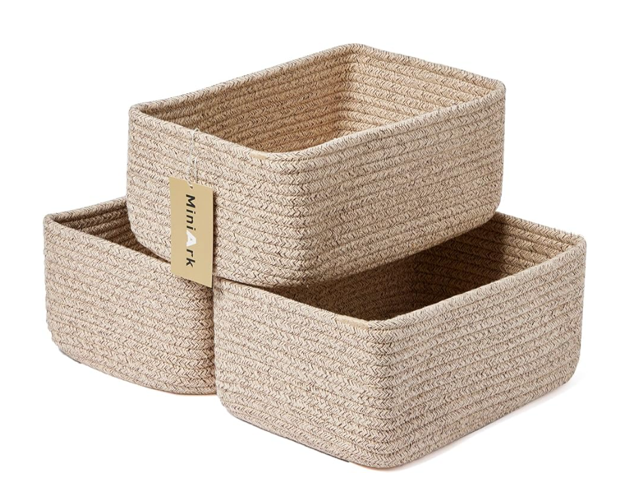 Small Storage Baskets for Organizing | Closet Organizer Bins | Shelf Toy Basket | Woven Rope Baskets | Cube Decorative Box | Shallow Basket | 11.5x7.5x4.7” | 3 Packs Mixed Brown