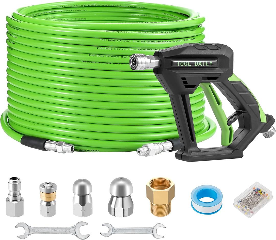 Tool Daily Sewer Jetter Kit for Pressure Washer 100 FT, Short Power Washer Gun, Drain Cleaner Hose 1/4 Inch NPT, Corner, Rotating and Button Nose Sewer Jetting Nozzle, 3600 PSI (Green)