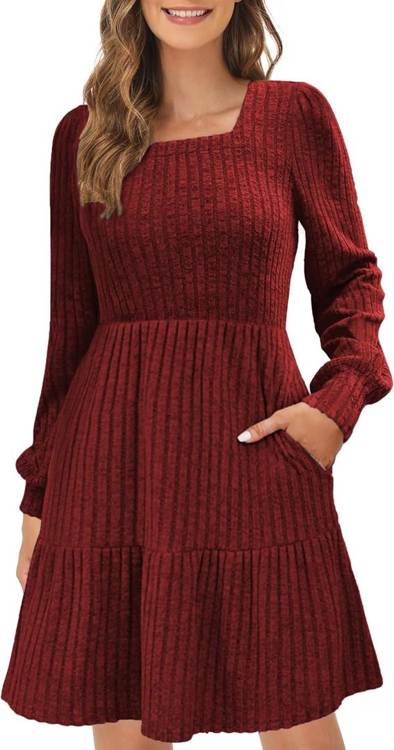 ZENUTA Women's Square Neck Sweater Dress Long Sleeve Knit Casual Fall Maxi Dresses with Pockets for Women Winter 2026 (XX-Large, Burgundy)