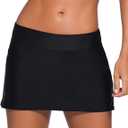 REKITA Women Swim Skirt Solid Color Waistband Skort Bikini Bottom (Black, S)